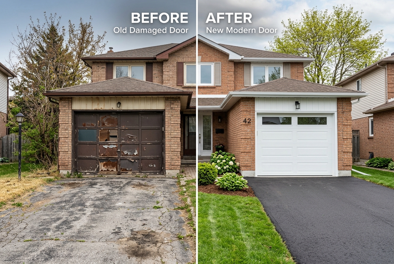 Before and after garage door replacement showing dramatic transformation