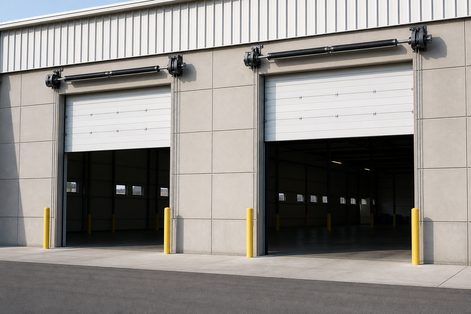 Commercial loading dock door bay with sectional door and dock equipment