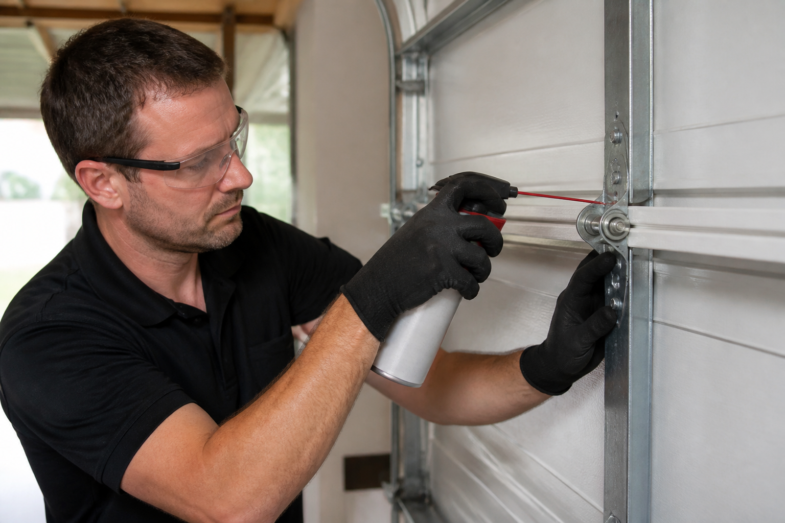 Door-rated lubricant being applied to garage door hinges and roller stems during maintenance