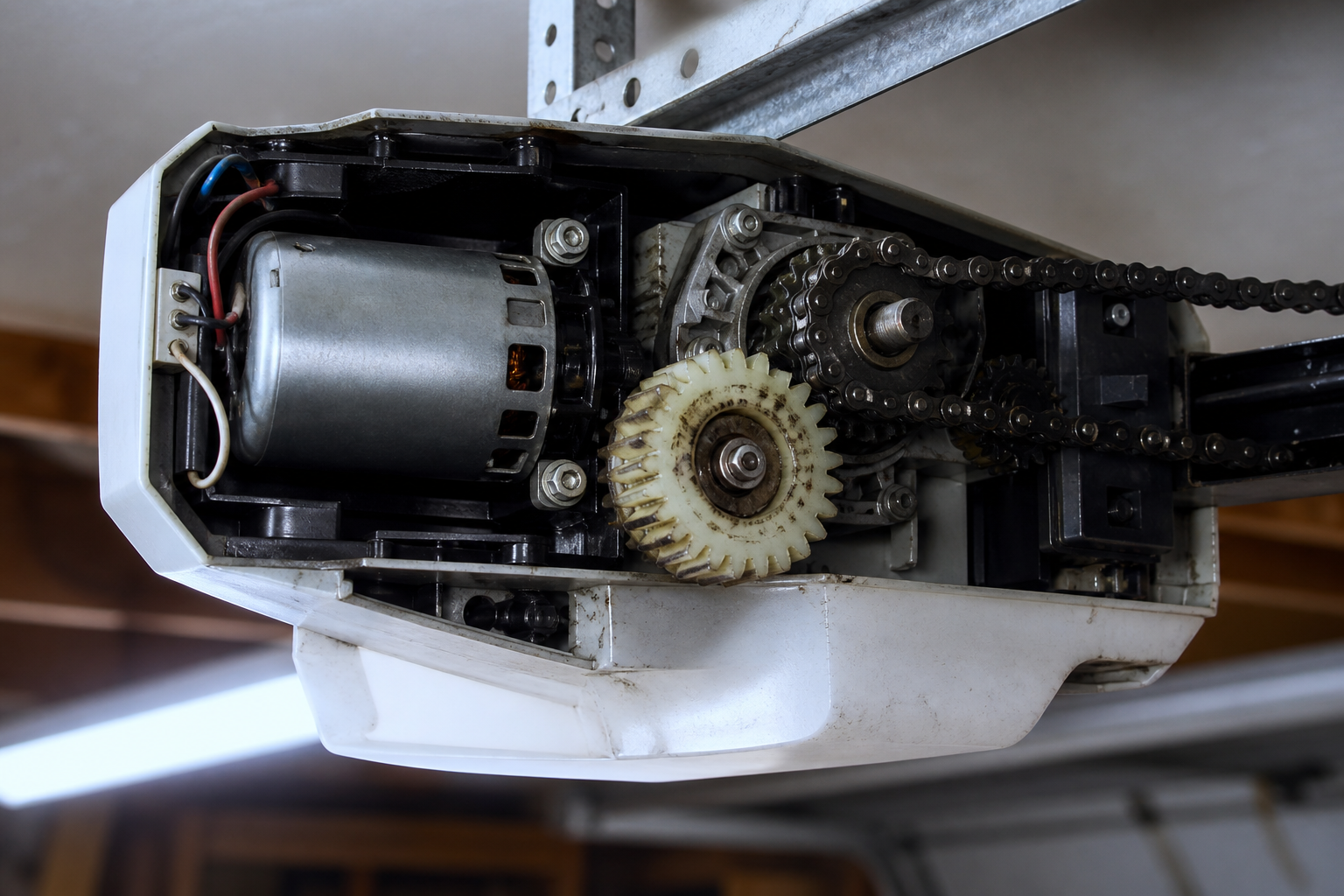 Garage door opener head and rail above a residential door