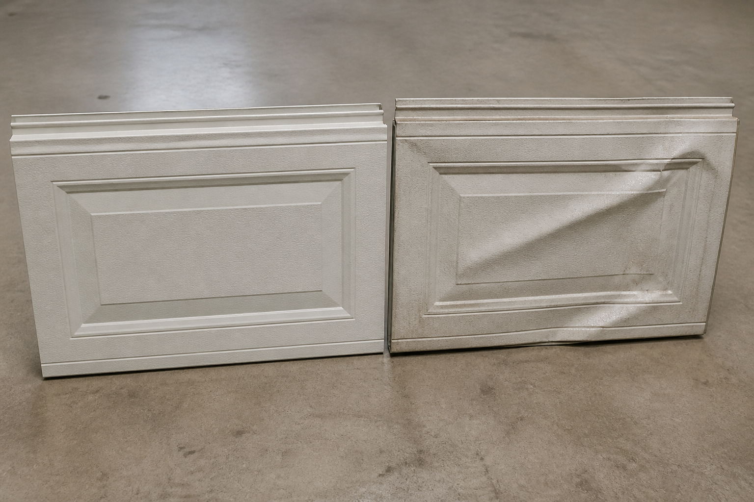 New garage door panel section beside a damaged dented panel prepared for colour-matched replacement
