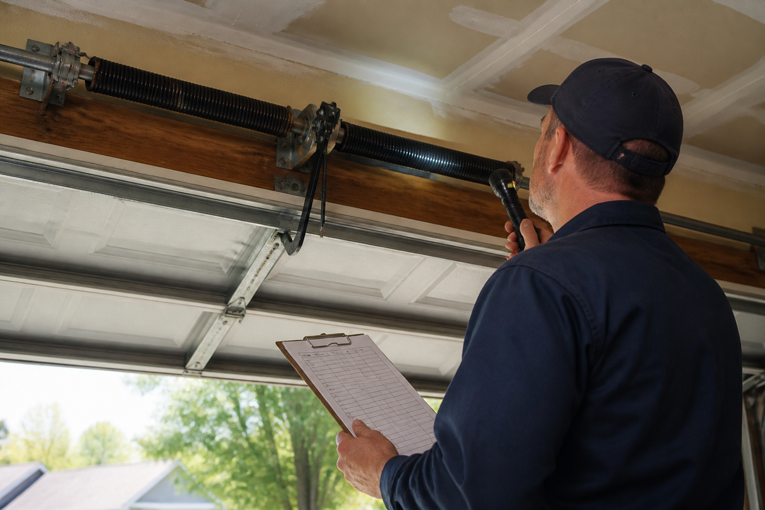 Technician completing a multi-point garage door inspection after a repair visit in the GTA