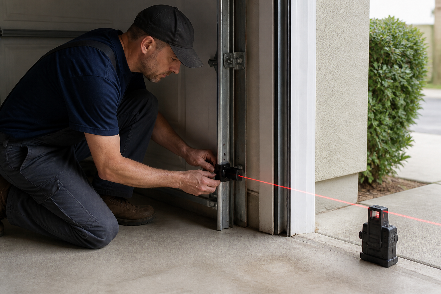 Technician checking blinking garage door sensor LED status