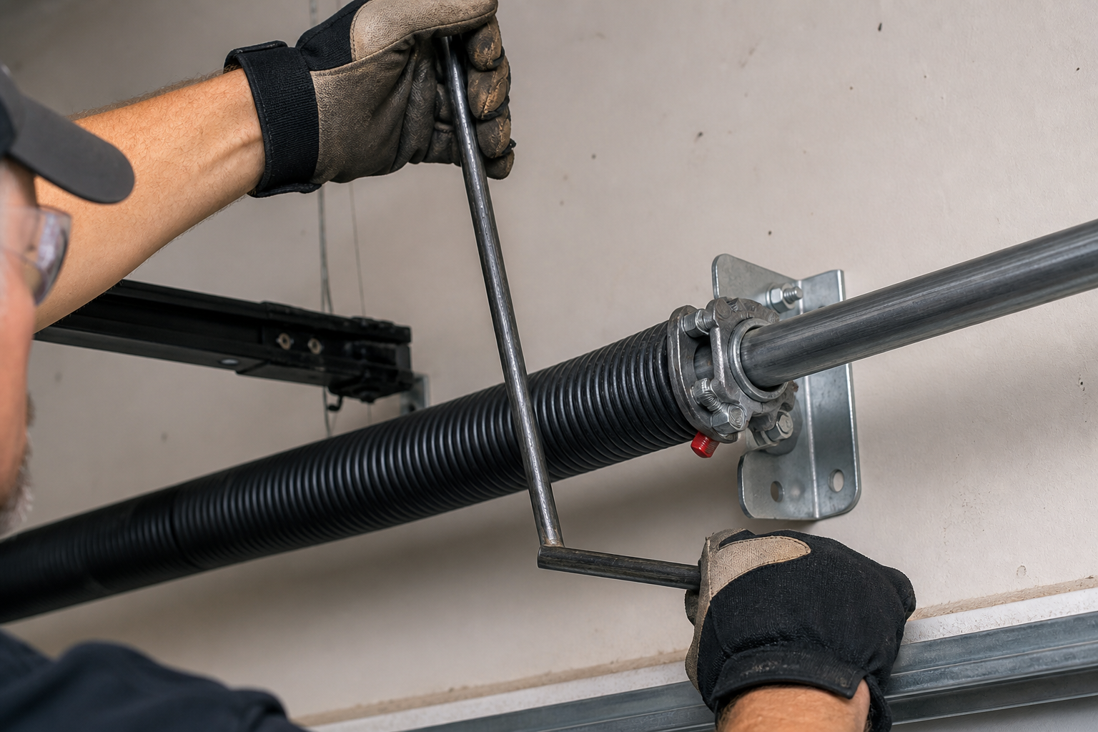 Torsion spring hardware on a garage door header