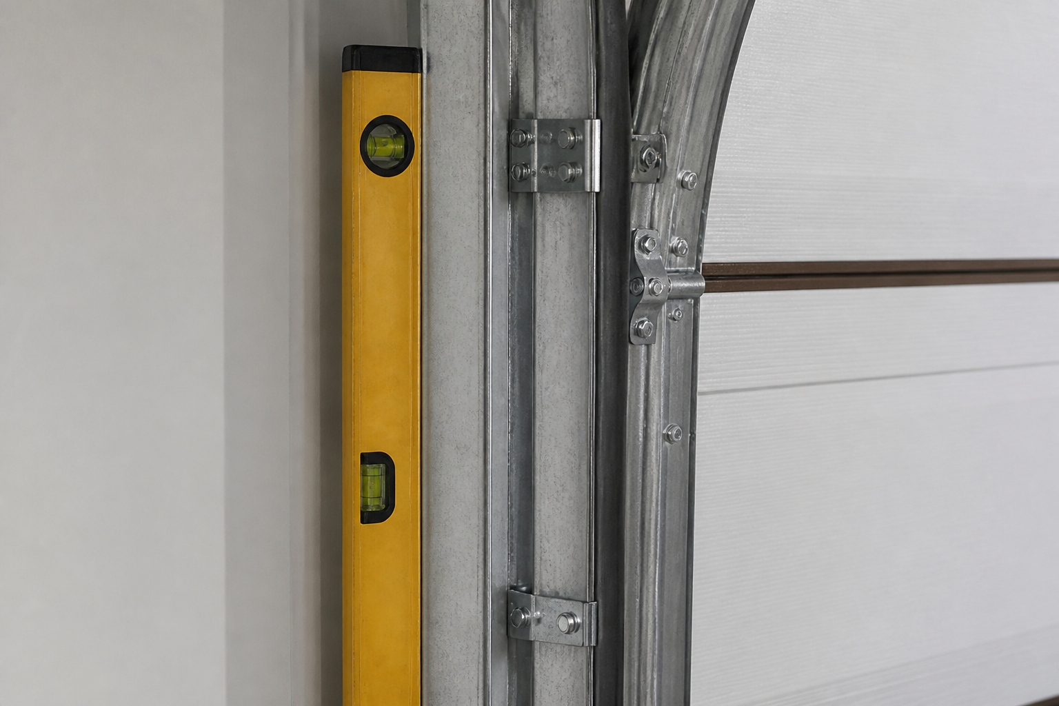 Technician plumbing and leveling a residential garage door steel track with a long level