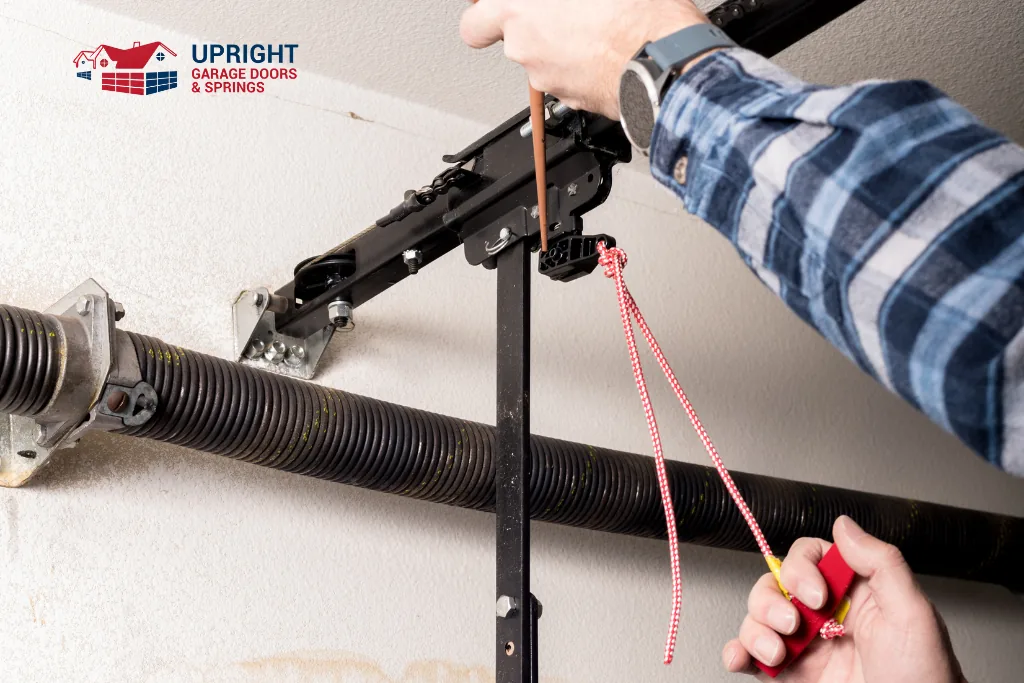 Upright residential garage door maintenance and tune-up