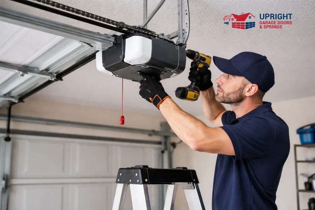 Upright technician repairing a ceiling-mounted garage door opener