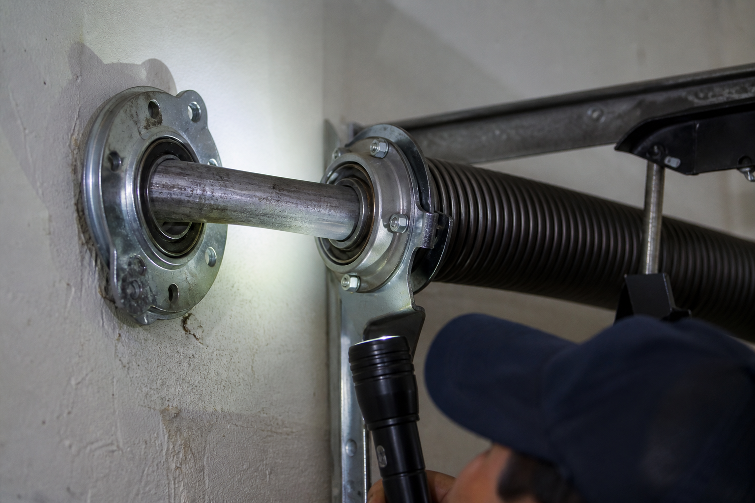 Garage door torsion shaft centre bearing and end bearing hardware being inspected