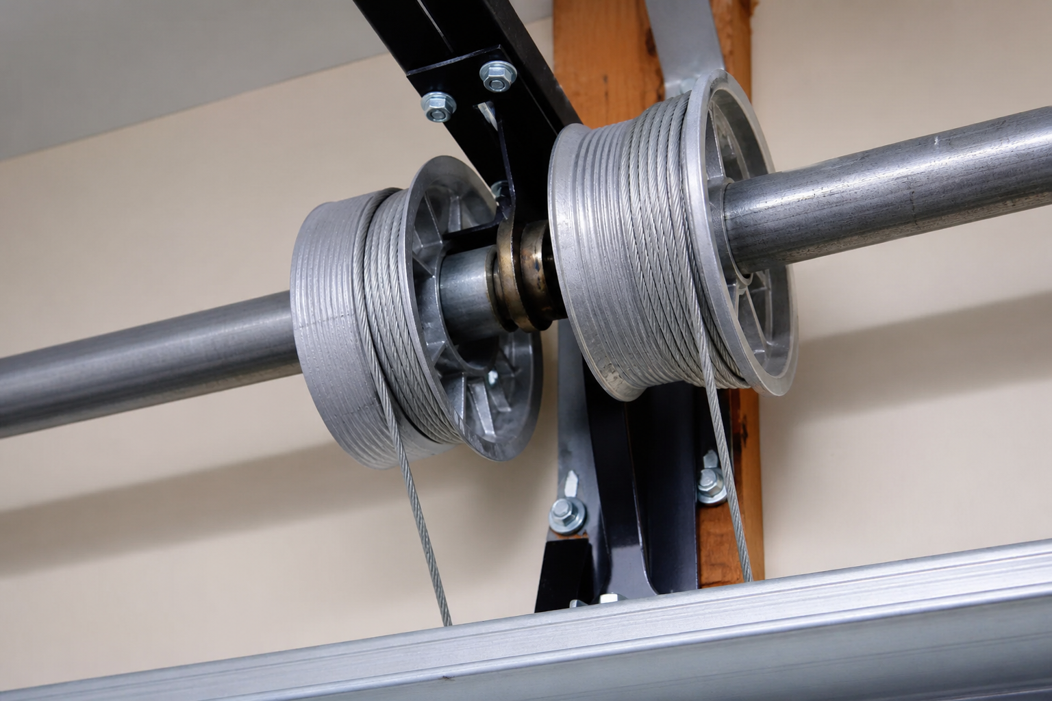 Garage door cable drums on a torsion shaft with lift cables wound in the grooves