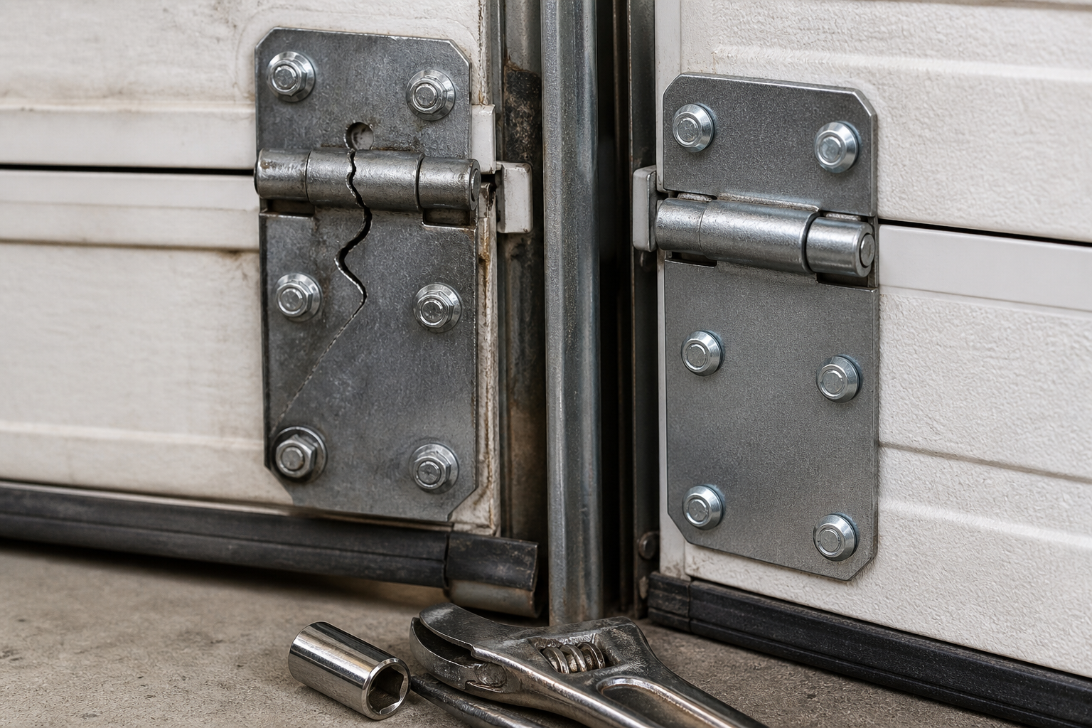 Technician inspecting residential garage door section hinges and roller stems