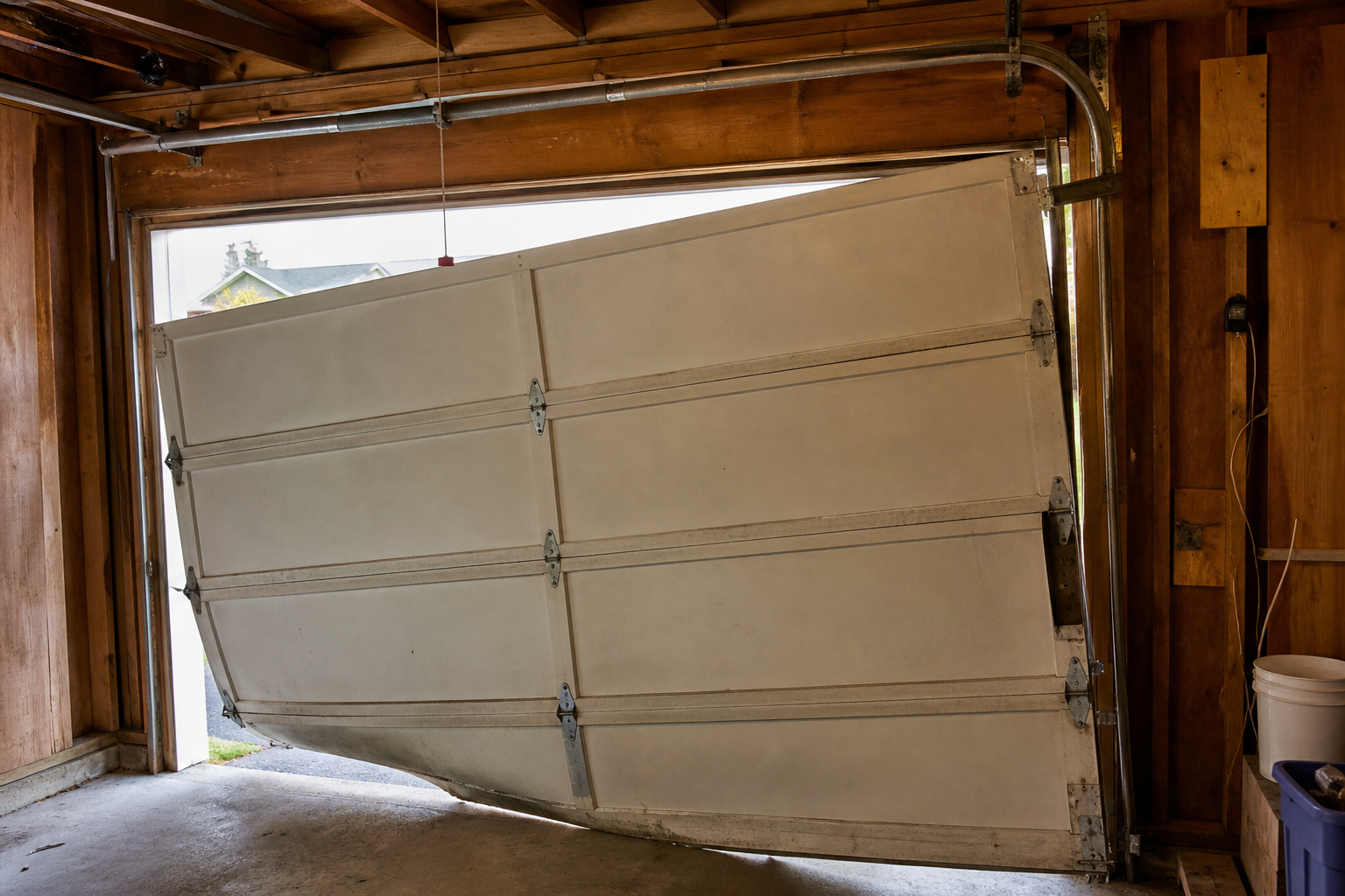 Off-track residential garage door with rollers outside the steel track being assessed for realignment