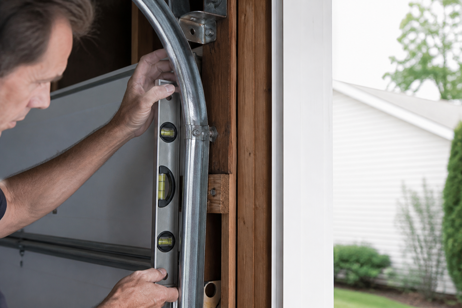 Residential garage door steel track being inspected for bends and plumb alignment