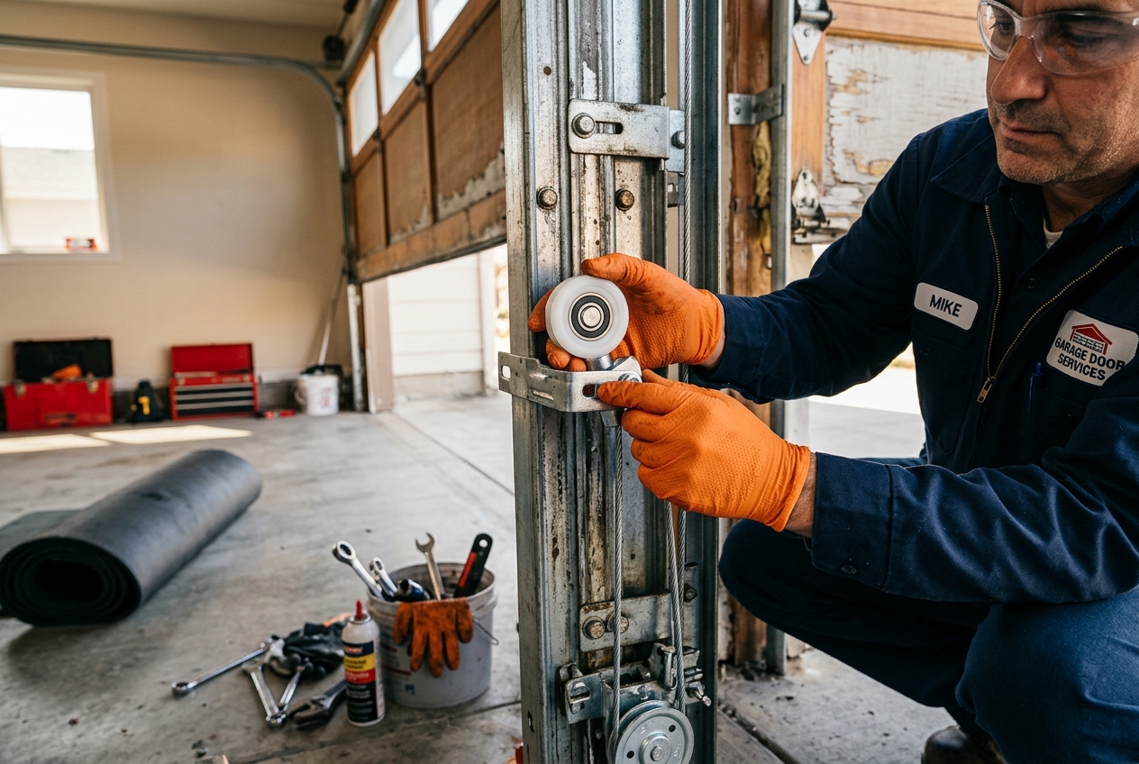 Technician replacing nylon rollers and lift cables on garage door track