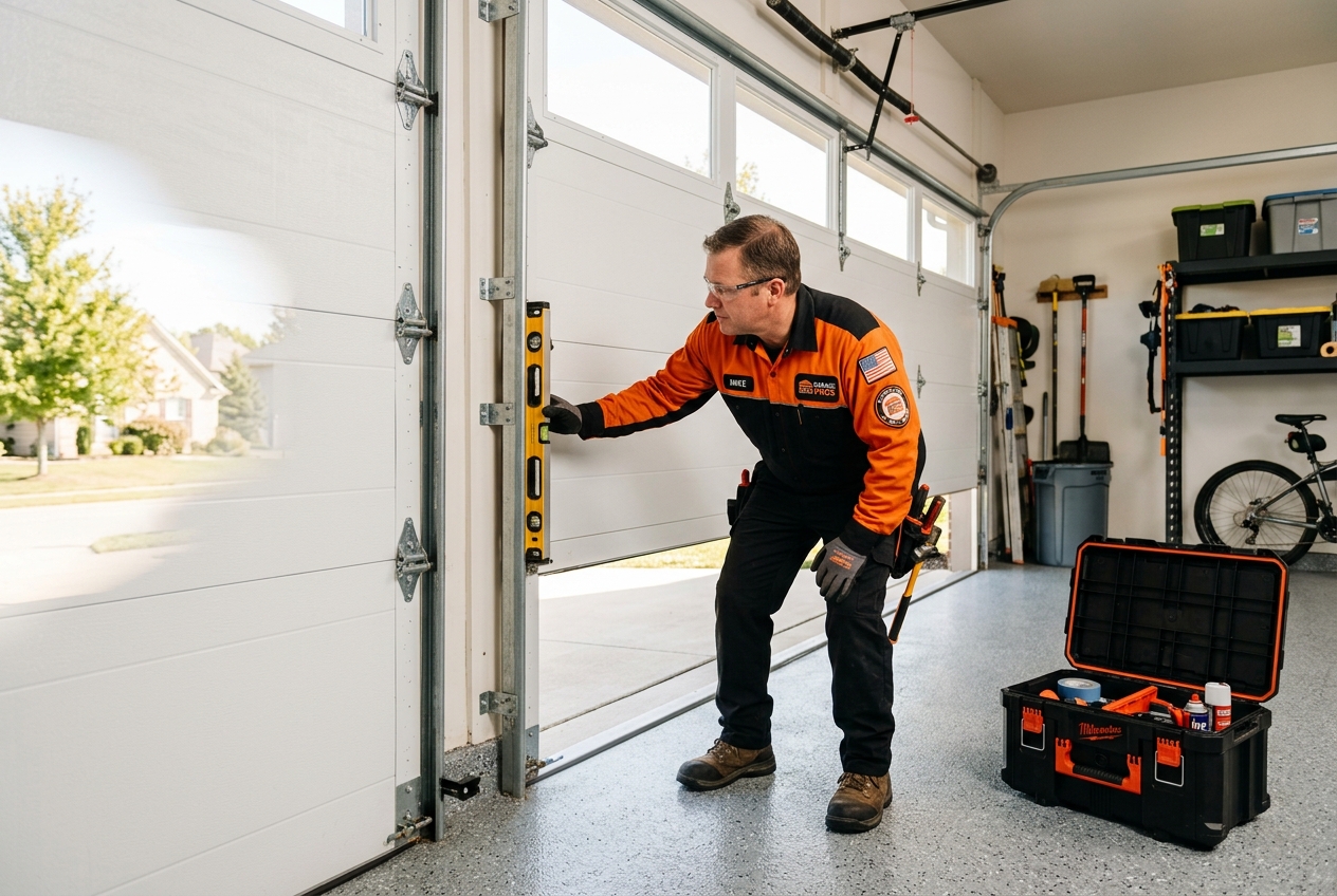 Technician performing annual safety inspection on residential garage door