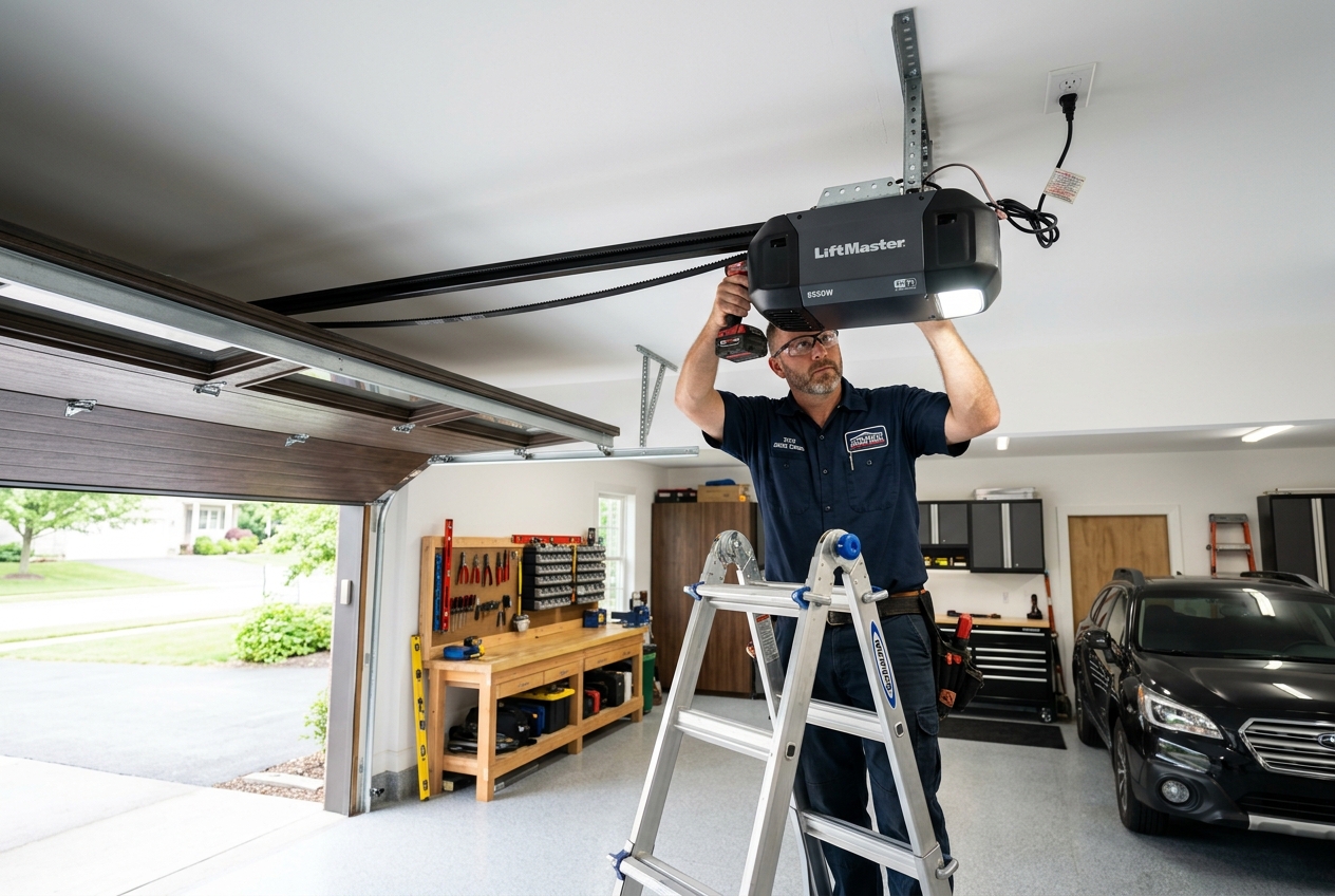 Technician installing belt-drive garage door opener on ceiling