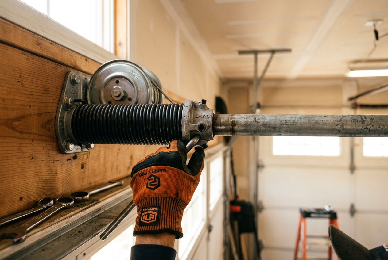 Technician installing torsion spring on garage door shaft