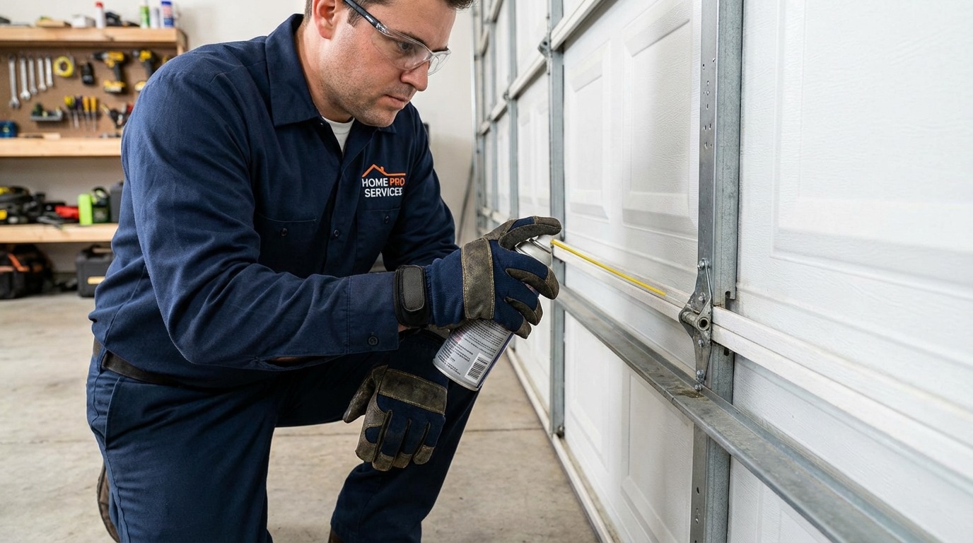 Technician lubricating garage door da7a2fd90e